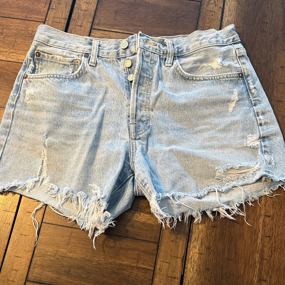 Agolde Distressed Light Blue Denim Shorts